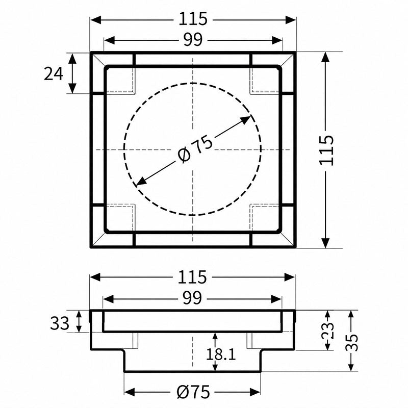 DrainCover Tile Insert 75mm All-StainlessSteel Black 115x115mm