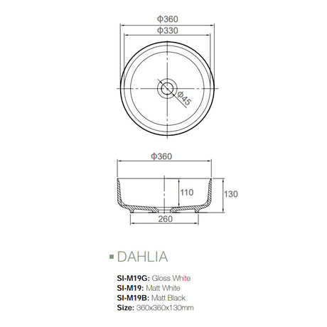 Solid Surface Basin Series Dahlia Above Counter Matt Black 360x360x130mm