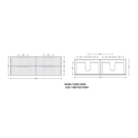 Elena Series Wall Hung Double Bowl Matt White 1480x455x540mm CABINET ONLY