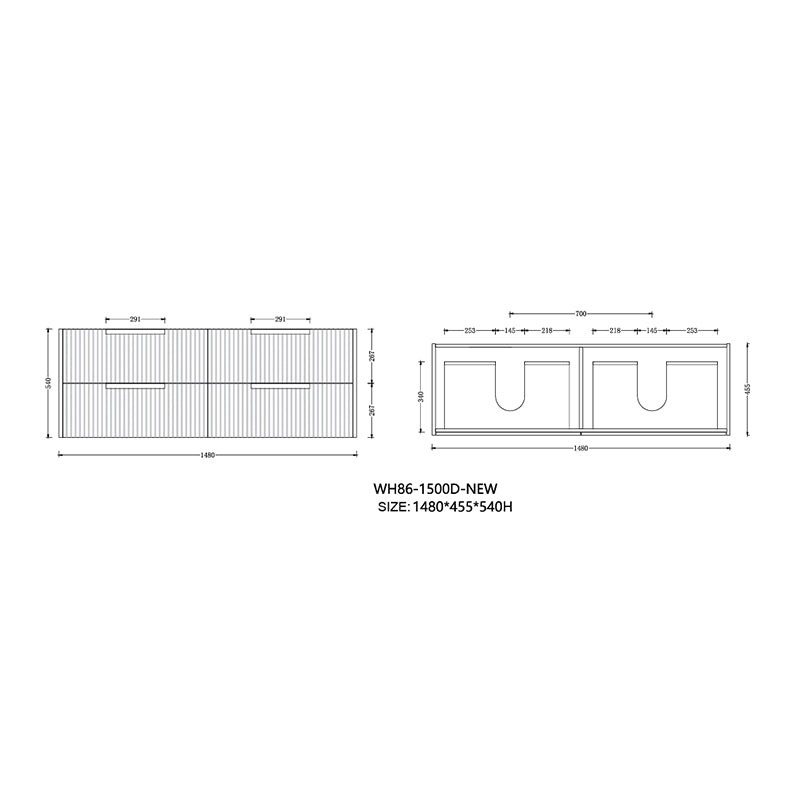Elena Series Wall Hung Double Bowl Antica Timber 1480x455x540mm Vanity with Stone Top & Ceramic Undermount Basin