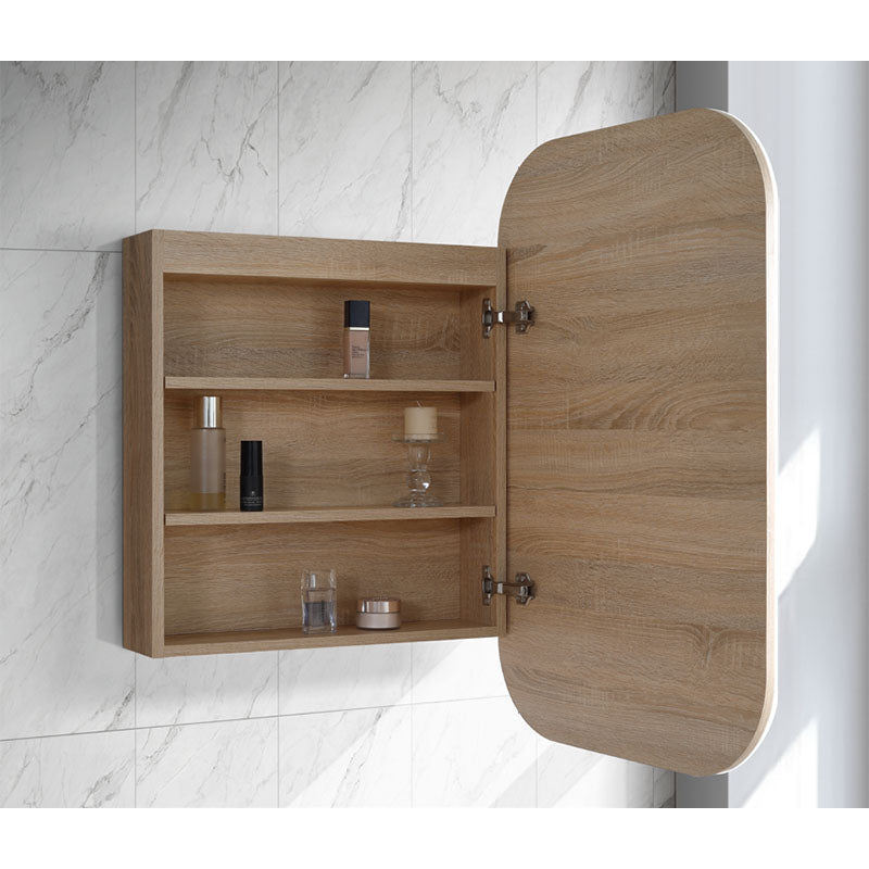 LED Eric Round Corner Shaving Cabinet Natural Timber 600x900x155mm