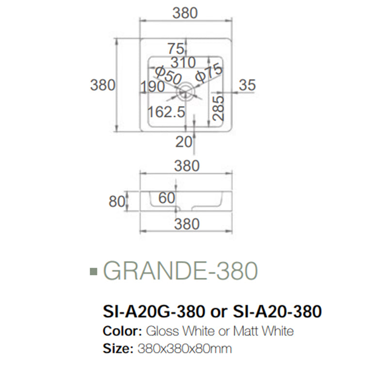 Solid Surface Basin Series Grande Above Counter Gloss White 380x380x80mm