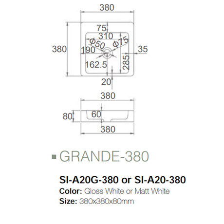 Solid Surface Basin Series Grande Above Counter Gloss White 380x380x80mm