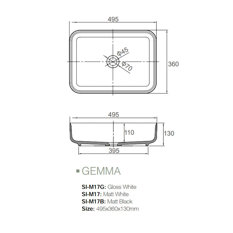 Solid Surface Basin Series Gemma Above Counter Matt Black 495x360x130mm