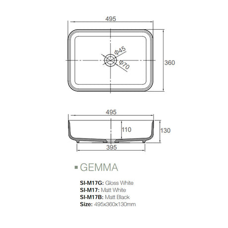 Solid Surface Basin Series Gemma Above Counter Gloss White 495x360x130mm