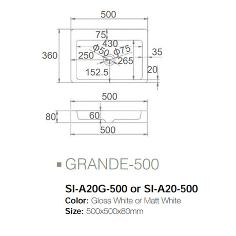 Solid Surface Basin Series Grande Above Counter Gloss White 500x500x80mm