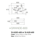 Solid Surface Basin Series Grande Above Counter Matt White 600x415x105mm