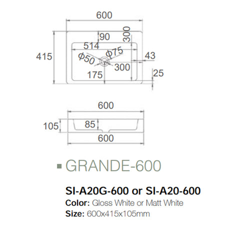 Solid Surface Basin Series Grande Above Counter Gloss White 600x415x105mm