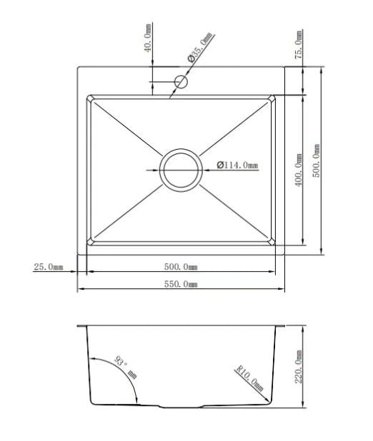 Single Bowl Sink Brushed Silver 550x500x220mm