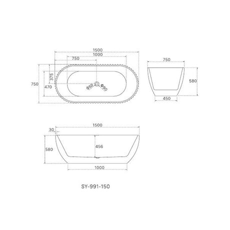 Henley Collection Freestanding Bathtub 1500x750x580mm