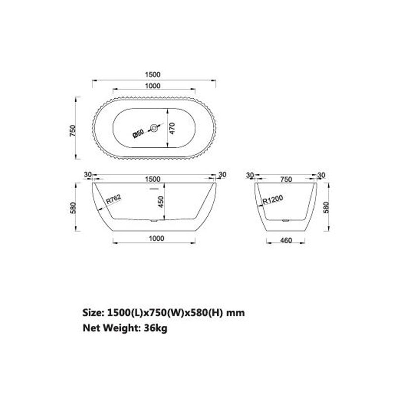 Henley Collection Freestanding Bathtub O/F 1500x750x580mm