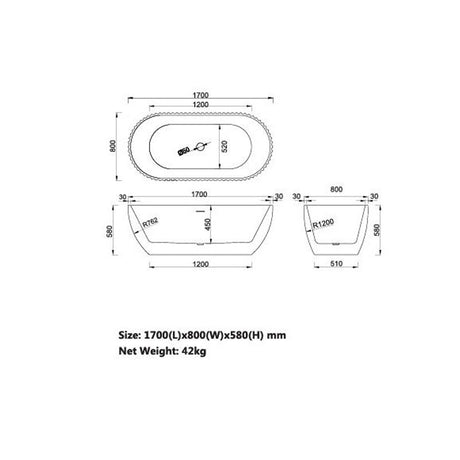 Henley Collection Freestanding Bathtub O/F 1700x800x580mm
