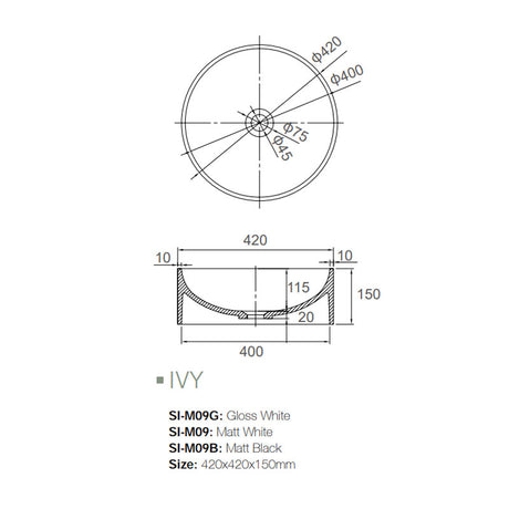 Solid Surface Basin Series Ivy Above Counter Gloss White 420x420x150mm