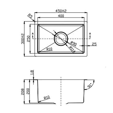 Single Bowl Sink Brushed Silver 300x450x200mm