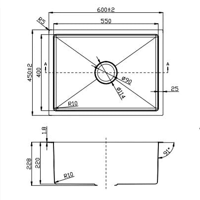 Single Bowl Sink Nano Black 600x450x220mm