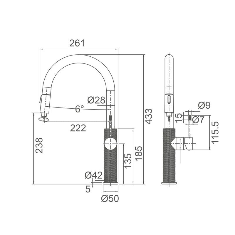 TIARA Sink Mixer with Unique Textured Body and Pull out Spray Gun Metal Finish