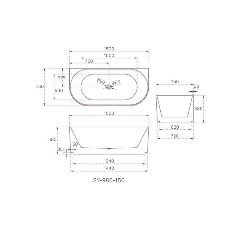 Kira Freestanding Bathtub Back To Wall O/F 1500x750x580mm