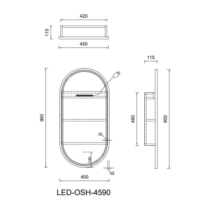 LED Krystal Collection Oval Shaving Cabinet Matt White 450x900x115mm