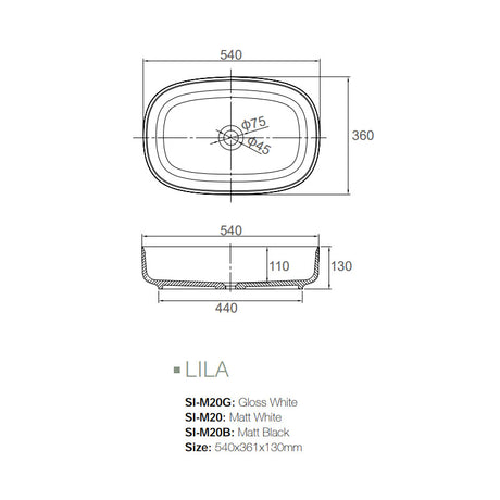 Solid Surface Basin Series Lila Above Counter Matt Black 540x361x130mm