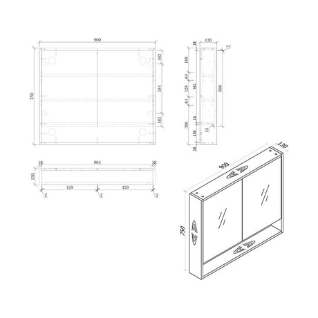 BONDI 900 Wall Hung Mirror Cabinet 900x130x590mm