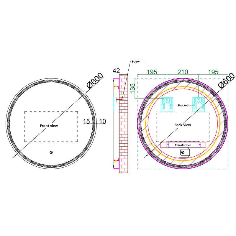 Anti Fog Round Mirror with Back LED Light and Touch-on Switch 600mm