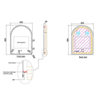 ECLIPSE Arch LED Mirror W600xH800mm