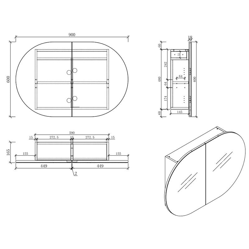 MILAN Oval Shape Mirror Cabinet Natural wood 900x600x165mm