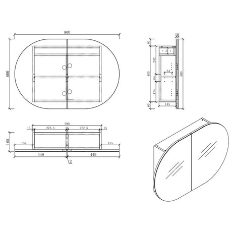 MILAN Oval Shape Mirror Cabinet Natural wood 900x600x165mm