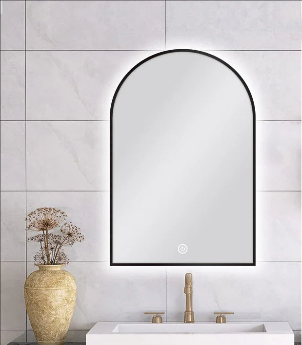 ARCHED SHAPE BLACK FRAMED CARYSIL LED MIRROR 600X900MM