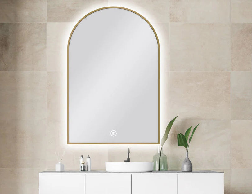 ARCHED SHAPE GOLD FRAMED CARYSIL LED MIRROR 600X900MM