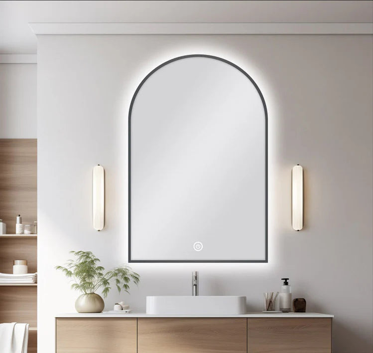 ARCHED SHAPE GUNMETAL FRAMED CARYSIL LED MIRROR 600X900MM