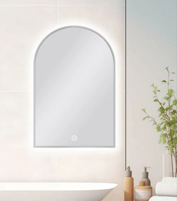 ARCHED SHAPE BRUSHED NICKEL FRAMED CARYSIL LED MIRROR 600X900MM