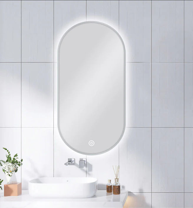 CAPSULE SHAPE BRUSHED NICKEL FRAMED CARYSIL LED MIRROR 450X900MM