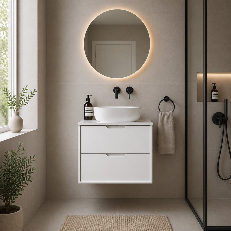 Oakdra(Hung) Series Matt White Overall 580x455x520mm Vanity Set With Ceramic Slimline Top (UV31)