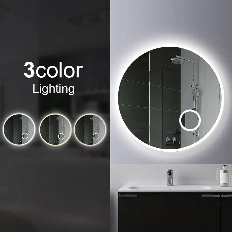 Round 3 Color Lighting Acrylic LED Mirror Touch Sensor Switch Defogger Pad Wall Mounted(Come with Magnifier)-Lighting On The Rim 900mm