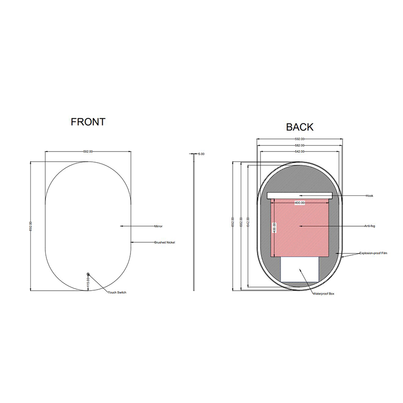 Frameless Oval Backlit Carysil LED Mirror 600x900mm