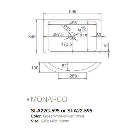 Solid Surface Basin Series Monarco Above Counter Gloss White 595x345x100mm