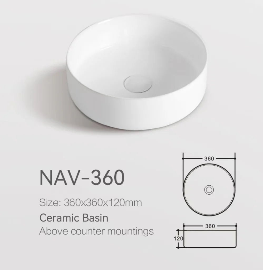 360X360X120MM MATTE WHITE ABOVE COUNTER CERAMIC BASIN