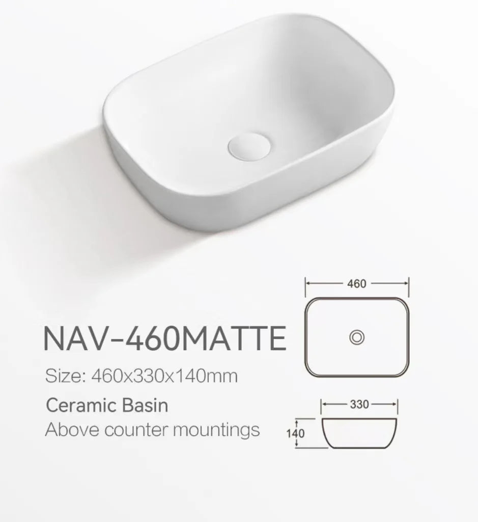 460X330X140MM MATTE WHITE ABOVE COUNTER CERAMIC BASIN