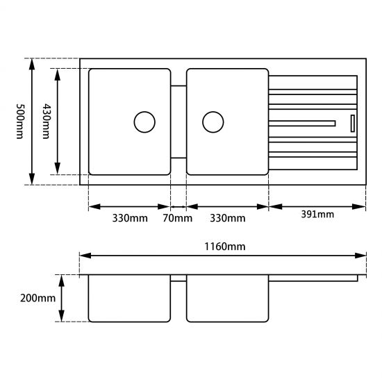 1160x500x200mm Black Granite Double Bowl Kitchen Sink