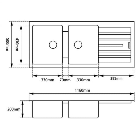 1160x500x200mm Black Granite Double Bowl Kitchen Sink