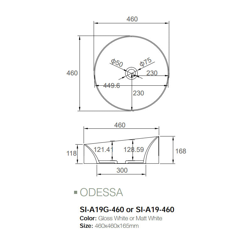 Solid Surface Basin Series Odessa Above Counter Gloss White 460x460x165mm