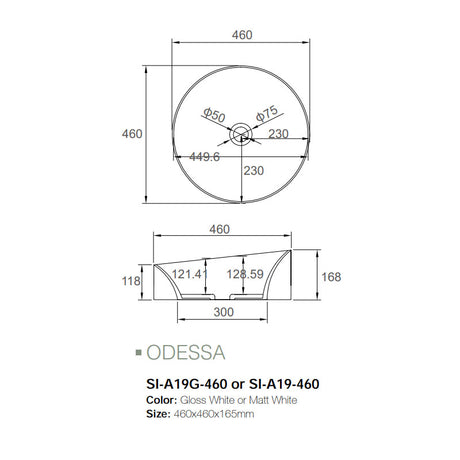 Solid Surface Basin Series Odessa Above Counter Gloss White 460x460x165mm