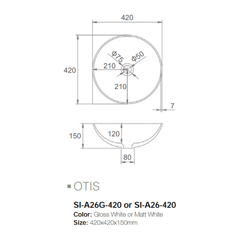 Solid Surface Basin Series Otis Above Counter Matt White 420x420x150mm