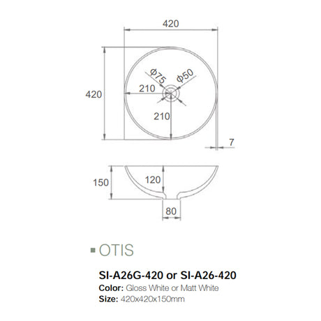 Solid Surface Basin Series Otis Above Counter Gloss White 420x420x150mm