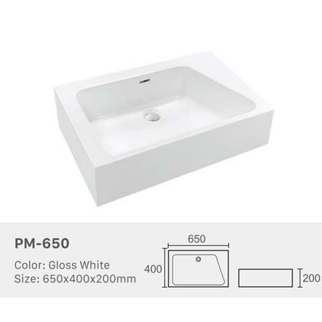 Ceramic Basin Series Above Counter Gloss White 650x400x200mm