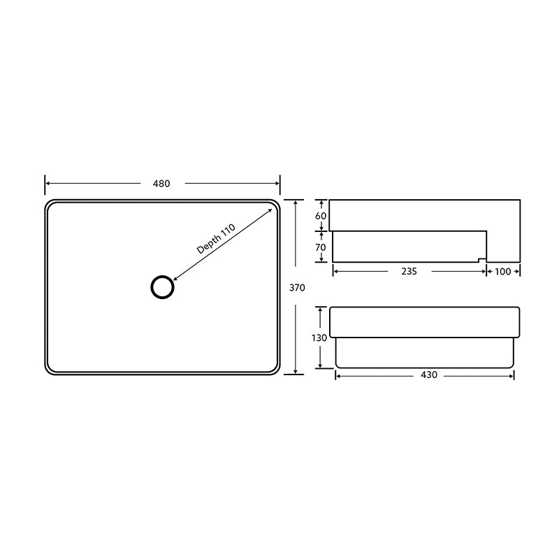 Semi Recess Basin No Tap Hole Gloss White 480x370x130mm