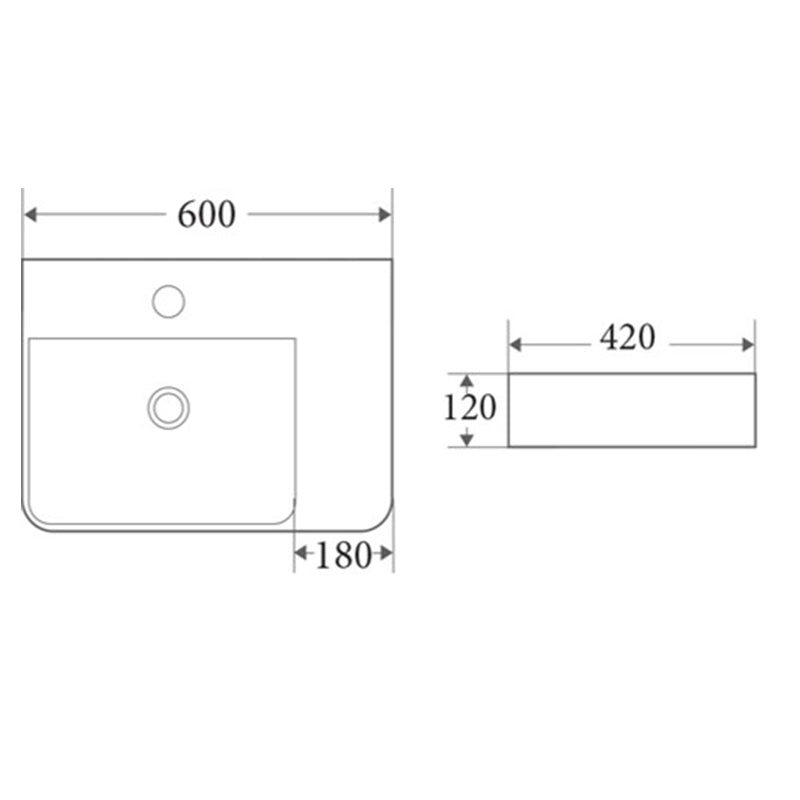 Above Counter/Wall Hung Basin Left Hand Bowl With Overflow Gloss White 600x420x120mm