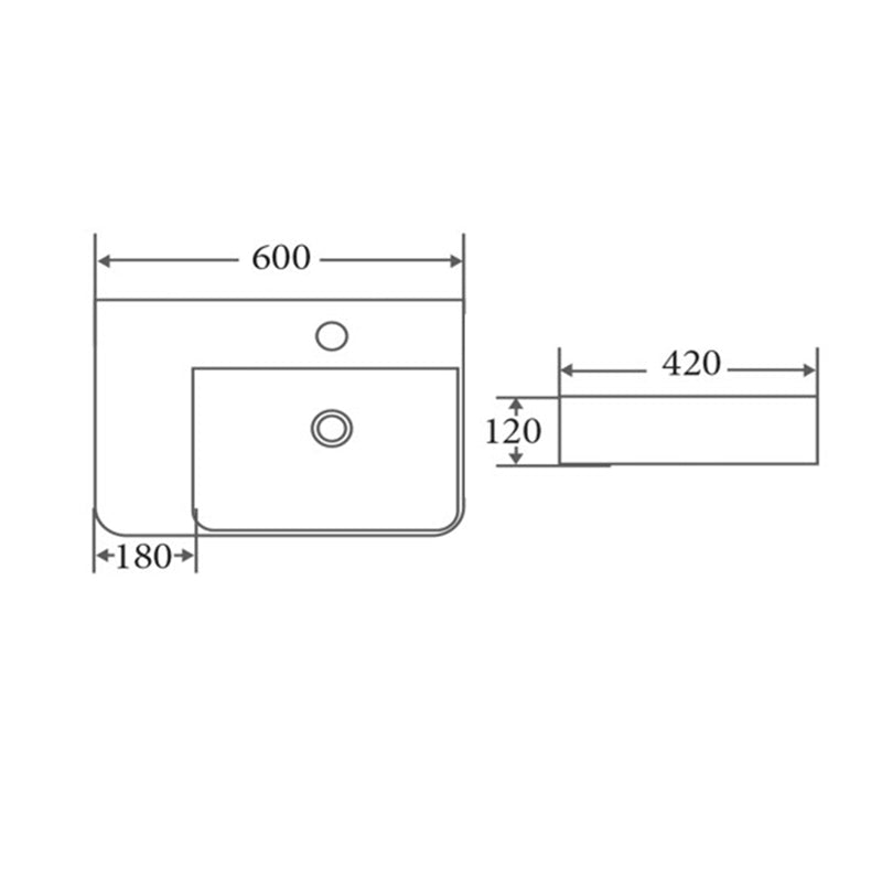 Above Counter/Wall Hung Basin Right Hand Bowl With Overflow Gloss White 600x420x120mm