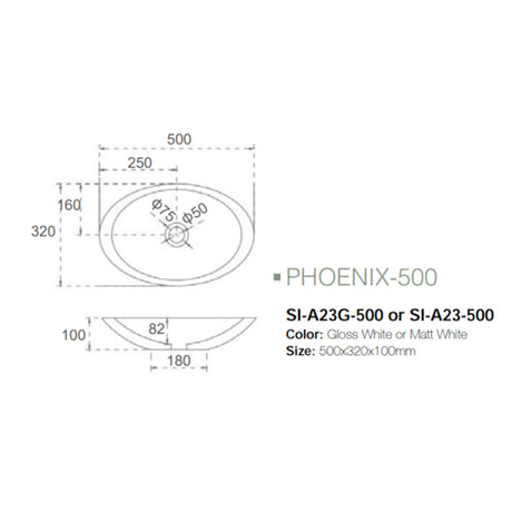 Solid Surface Basin Series Phoenix Above Counter Gloss White 500x320x100mm